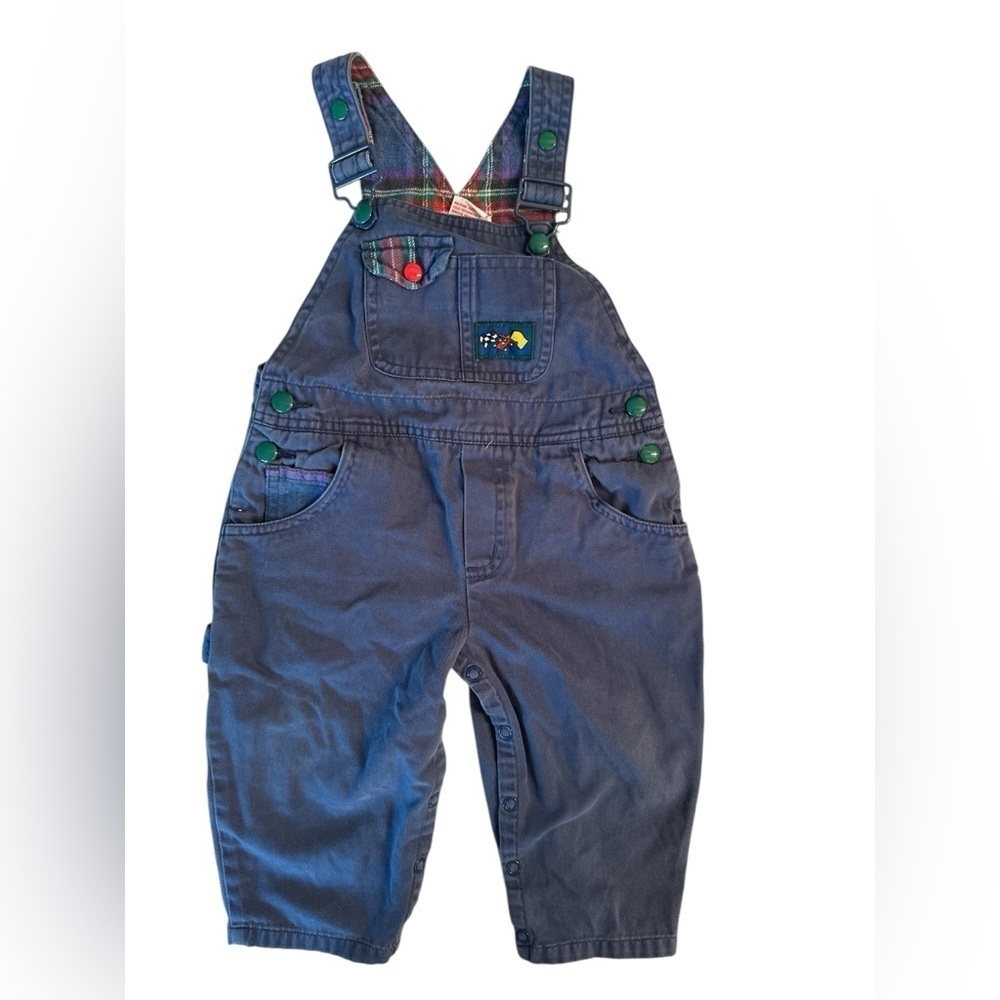 Vintage Gymboree 90s Rainbow Tag Boys XS Blue Overalls Plaid Race Car Front